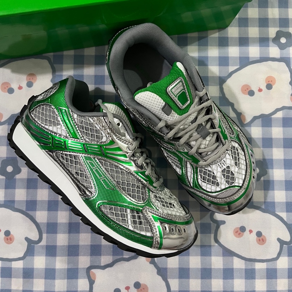 Bottega Veneta Metallic Silver and Green Kids Sneakers